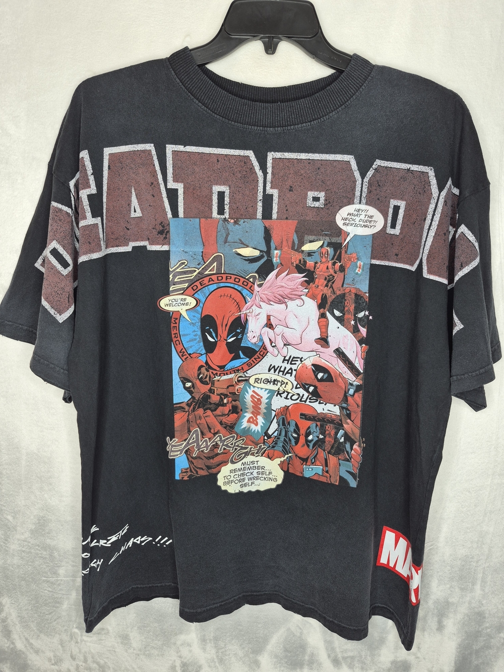 Civil Regime Marvel Deadpool Graphic Tee Washed Black Distressed Mens Large